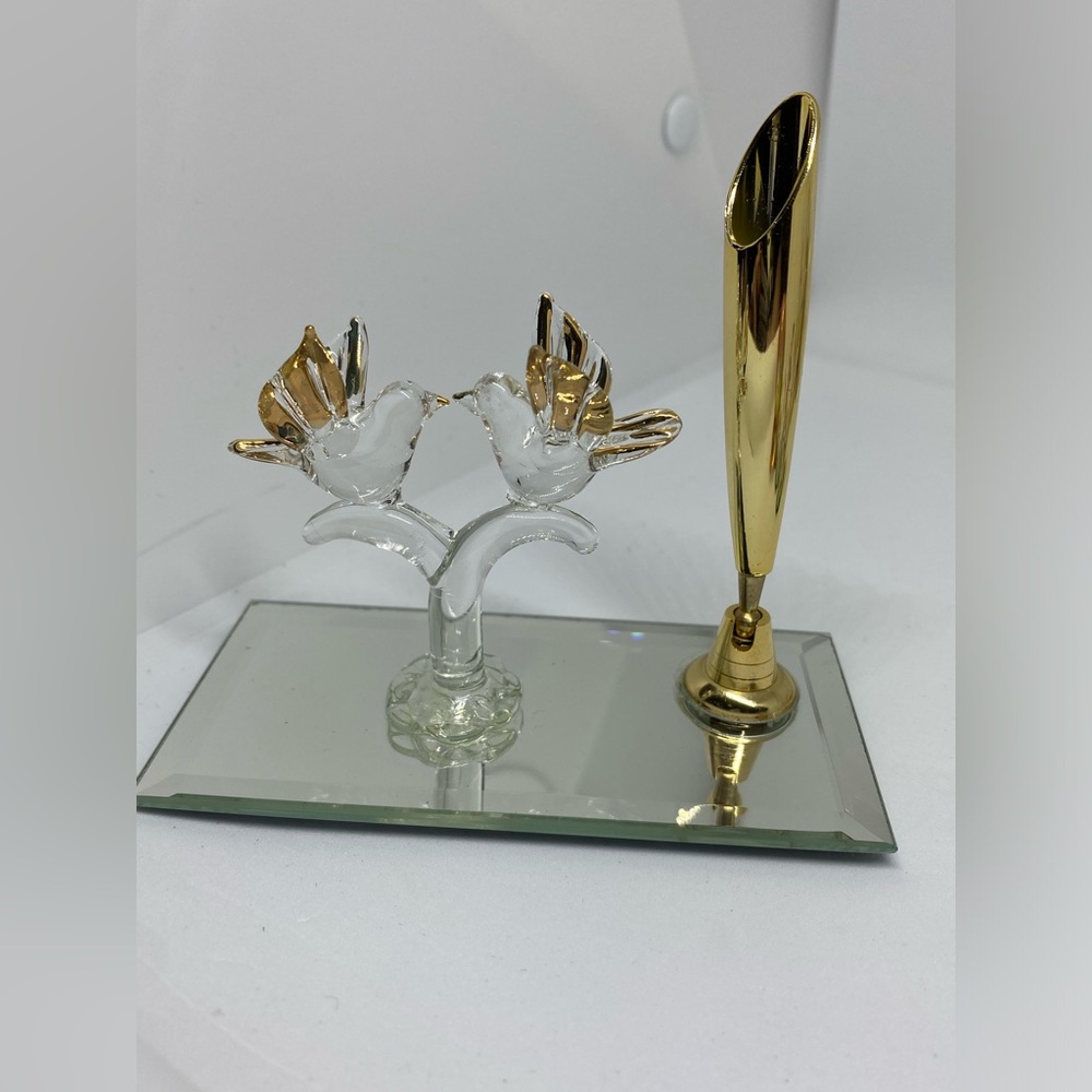 Vintage Blown Glass Two Love Birds With Gold Trim With Pen Holder On Mirror